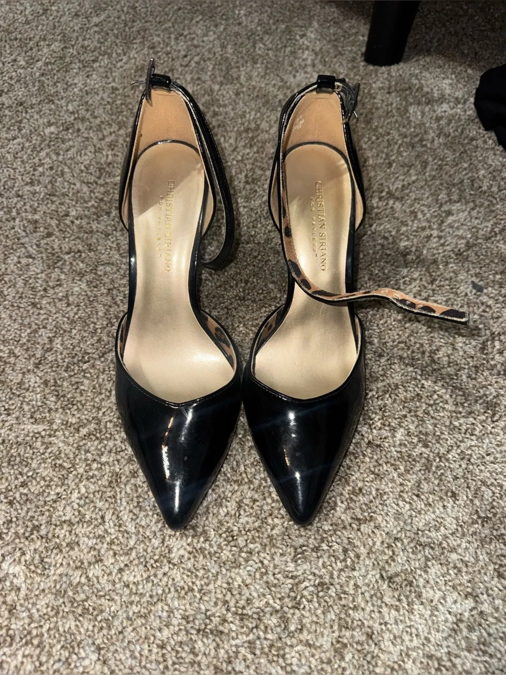 Christian Siriano Black Patent Leopard Ankle Strap Heels